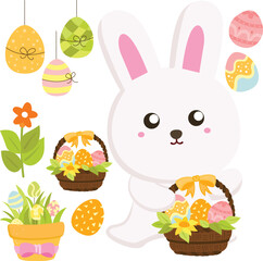 Cute Bunny Rabbit Happy Easter Holiday Decorated Egg Activity Illustration Vector Clipart