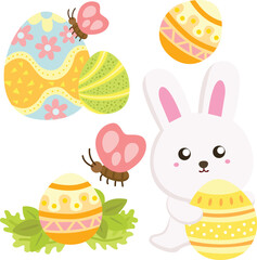 Cute Bunny Rabbit Happy Easter Holiday Decorated Egg Activity Illustration Vector Clipart