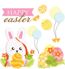 Cute Bunny Rabbit Happy Easter Holiday Decorated Egg Activity Illustration Vector Clipart