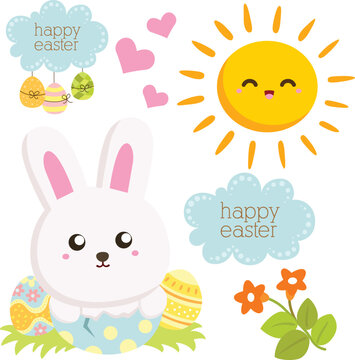 Cute Bunny Rabbit Happy Easter Holiday Decorated Egg Activity Illustration Vector Clipart