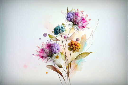 Wildflowers watercolor drawing on watercolor paper, a spring concept of delicate color, natural botanical design. generative AI