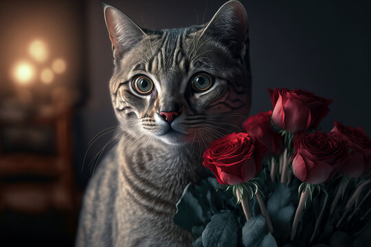 portrait of a cute cat with red roses, ai generated