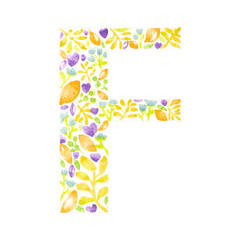 alphabet letter English letter F of fun character draw colorful flowers and leaves design hand drawn watercolor art on white background. PNG file