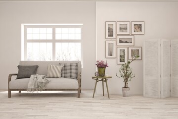 White living room with sofa. Scandinavian interior design. 3D illustration