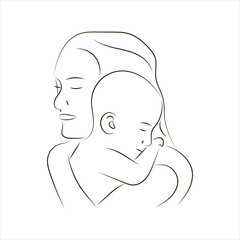 Silhouette of woman holding baby. Mother and child. Modern illustration of mom in linear style isolated on white background. vector illustration