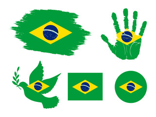 Brazil flag set, flag of Brazil collection. Flag in grunge, Dove, Handprint, square and round shape. vector illustration