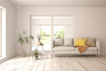 Modern living room in white color with sofa. Scandinavian interior design. 3D illustration