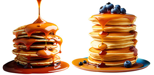 Sweet homemade stack of pancakes with pouring honey, fresh blueberry cut out on transparent background - obrazy, fototapety, plakaty
