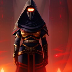 Naklejka premium Cyborg mage with lighting eyes, wearing a scifi suit. Digital illustration. Generative AI.