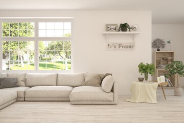 White living room with sofa and summer landscape in window. Scandinavian interior design. 3D illustration