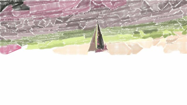 Beautiful painting animation of sailboat sailing on dark ocean with pink and green sky. Artificial intelligence concept of digital art