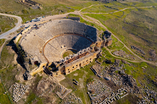 Travel Pamukkale Ancient amphitheater Turkey, aerial top view