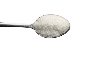 A teaspoon of white sugar, top view, on a PNG transparent layer.
