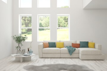 White living room with sofa and summer landscape in window. Scandinavian interior design. 3D illustration