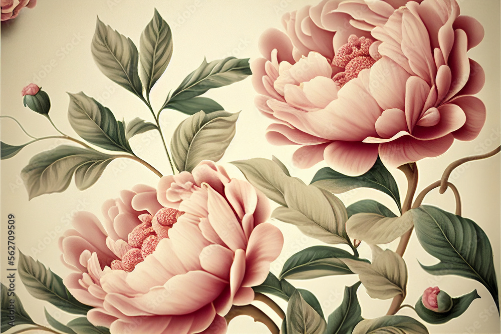 Wall mural floral pattern of peonies and roses with green leaves on a light background, vintage boho style, spr