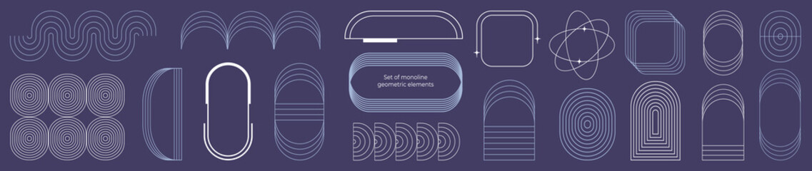 Set of monoline geometric elements. Minimalistic abstract thin lines. For social media posts and stories. Arch, arc, round, ellipse, and square. Boho aesthetic.