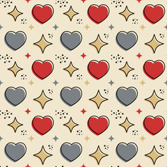Groovy hearts shape seamless pattern. Retro square banner with red, gray hearts and stars on a beige background