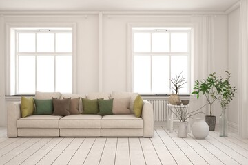 White living room with sofa. Scandinavian interior design. 3D illustration