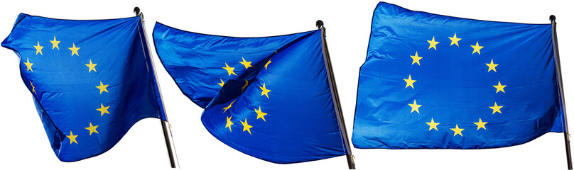 
Close-up of a group of European Union flags hanging on flagpole isolated on white or transparent...