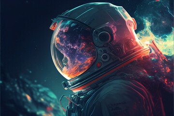 Obraz na płótnie Canvas Unrecognizable astronaut dressed in space mission suit outside of earth. Person in an astronaut suit travels through outer space. AI generated.