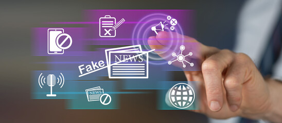 Man touching a fake news concept
