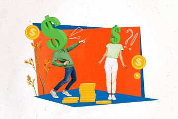 Collage template of different business rich man joking bullying woman head dollar symbol point...