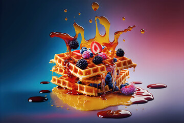 Belgian Waffles for breakfast or brunch with fresh blueberries and raspberry, healthy breakfast, stack of waffles and honey or syrup splashes