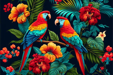 Naklejka premium Tropical colored cockatoos and macaws in the leaves of exotic flowers and palm trees on a dark background, a pair of parrots in a beautiful forest. generative AI