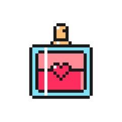 Love perfume icon in pixel art design. Symbol for Valentine's Day. Isolated on white background vector sign