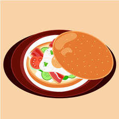 Burger with egg,tomatoes,cucumbers,bacons,sause,onion and parsley