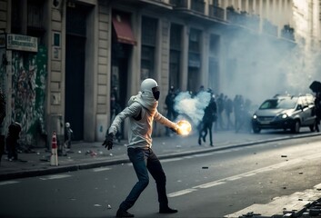 Grande manifestation dans les rues de Paris avec feu et fumée - illustration IA