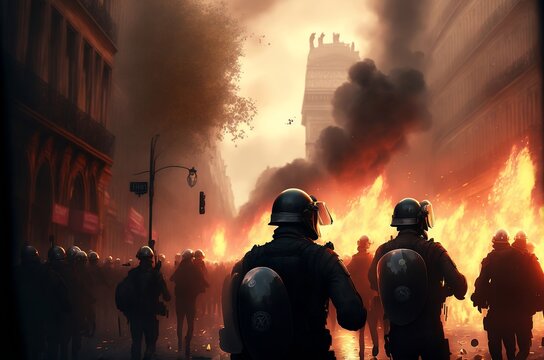 Grande manifestation dans les rues de Paris avec feu et fum&eacute;e - illustration IA