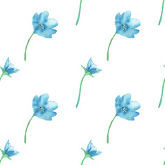 Fototapeta na wymiar Blue wild flowers pattern.Watercolor hand drawn floral print isolated on white background.