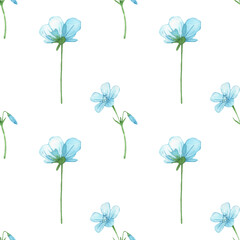 Blue wild flowers pattern.Watercolor hand drawn floral print isolated on white background.