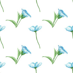 Blue wild flowers pattern.Watercolor hand drawn floral print isolated on white background.