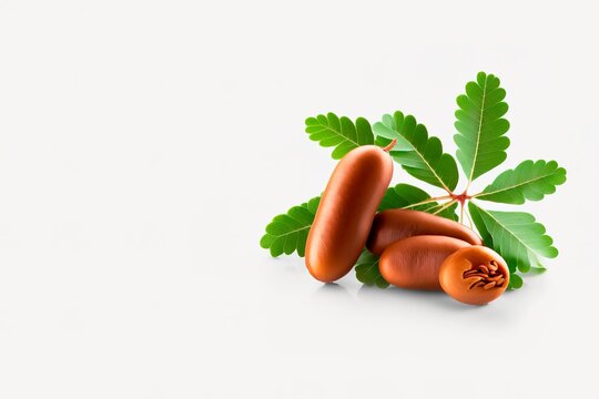 Pile of tamarind fruits with green leaves isolated on white background.. Fresh fruit isolated. generative ai
