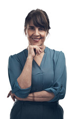 A senior woman posing with her hand on her chin Isolated on a PNG background.