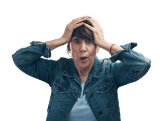 A senior woman looking shocked. Isolated on a PNG background.
