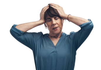 A senior woman looking stressed out Isolated on a PNG background.