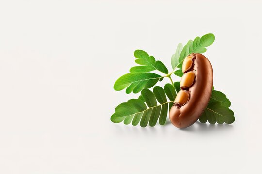 Pile of tamarind fruits with green leaves isolated on white background.. Fresh fruit isolated. generative ai