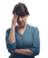 A senior woman looking stressed out Isolated on a PNG background.