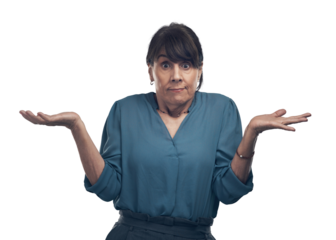 A senior woman shrugging against Isolated on a PNG background.