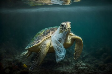 Naklejka na ściany i meble Turtle with plastic in the polluted sea. Created with Generative AI technology