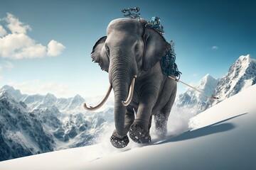 Elephant skiing from mountain. Generative AI.