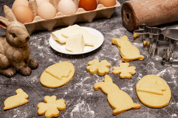 Easter bakery, Easter cookies with baking accessories and Easter decoration