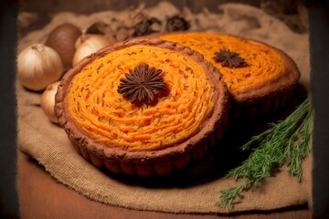 Sweet latvian pie sklandrausis, made of rye dough and filled with potato and carrot paste and caraway. Generative AI.