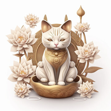 3d graphics vector Anime Pretty lucky cat with a lotus flower, white background, symbol of the new year festival in Vietnam