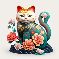 3d graphics vector Anime Pretty lucky cat with a lotus flower, white background, symbol of the new year festival in Vietnam