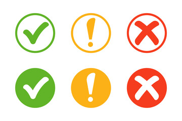 Checkmark cross on white background. Green check marks and red crosses. Symbols of acceptance, rejection and attention. Circle and square, hard and rounded corners. Vector illustration - obrazy, fototapety, plakaty
