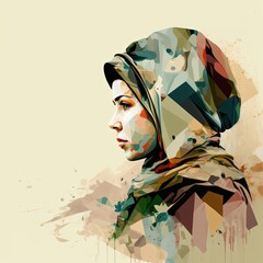 Beautiful Woman afghanistan, wearing burfa or scarf, profile, sad, street art, silkscreen, multicolor. Generative AI